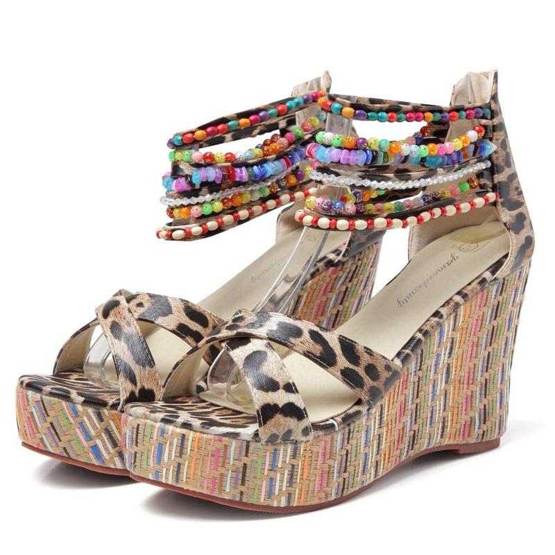 getmorebeauty Women's Wedge Sandals With Pearls Across The Top Platform Sandals High Heels (9, Leopard, numeric_9) - Image 3
